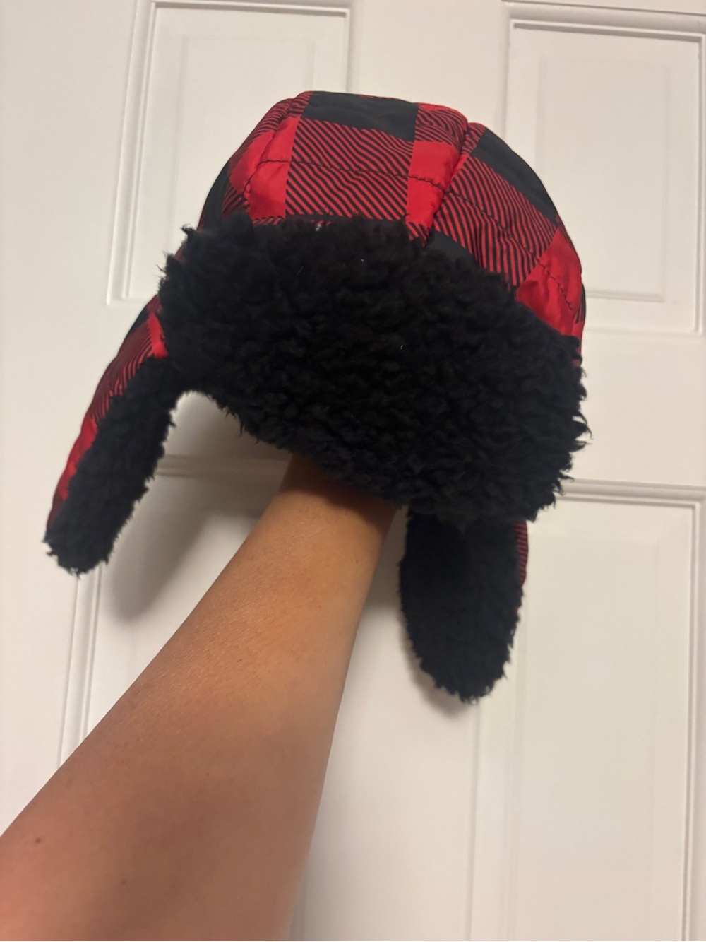 Old Navy Red and Black Plaid Kids Trapper Hat